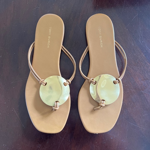 Tory Burch Gold Medallion and Tan Sandals - Picture 1 of 2